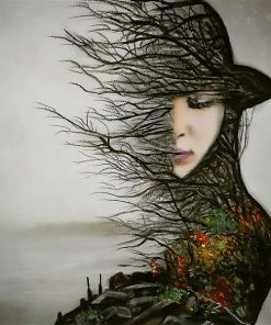 تابلو هنری دختری با درخت پاییزی