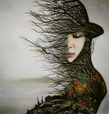 تابلو هنری دختری با درخت پاییزی