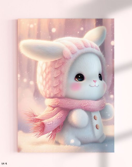 تابلو اتاق کودک طرح خرگوش در برف و سرما