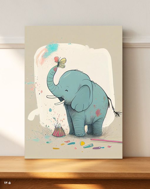 تابلو اتاق کودک نقاشی فیل و پروانه