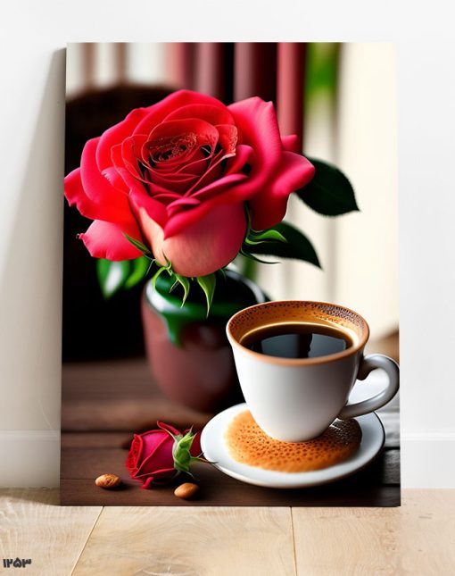 تابلو برای کافه طرح قهوه با تزیین گل