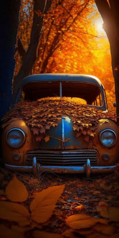 قیمت و خرید تابلو ماشین قدیمی با تم برگ پاییزی و رنگ نارنجی