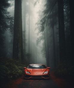 قیمت و خرید تابلو ماشین لامبورگینی قرمز وسط جنگل و مه