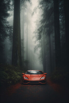 قیمت و خرید تابلو ماشین لامبورگینی قرمز وسط جنگل و مه
