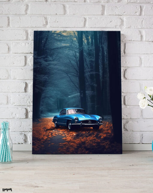 تابلو ماشین کلاسیک آبی وسط جنگل