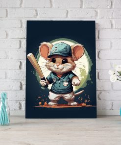 تابلو اتاق کودک عکس موش خوشگل با چوب بیسبال