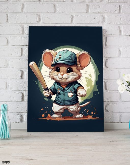 تابلو اتاق کودک عکس موش خوشگل با چوب بیسبال
