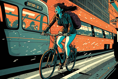 قیمت و خرید تابلو نقاشی دختر دوچرخه سوار کنار قطار