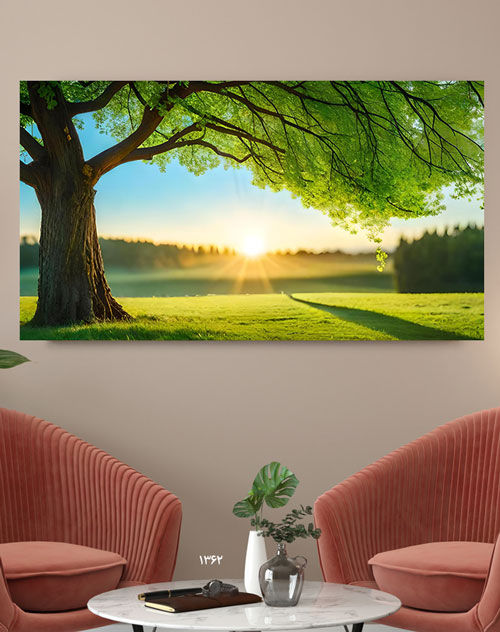 تابلو طبیعت طرح درخت سبز و خوشگل با آفتاب صبح