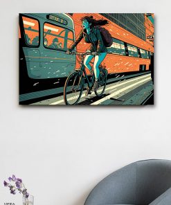 تابلو نقاشی دختر دوچرخه سوار کنار قطار