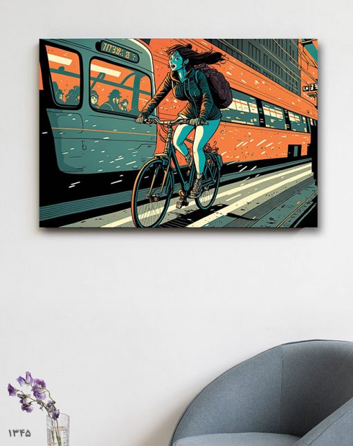 تابلو نقاشی دختر دوچرخه سوار کنار قطار