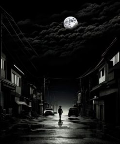خرید تابلو سیاه و سفید شب مهتابی در کوچه
