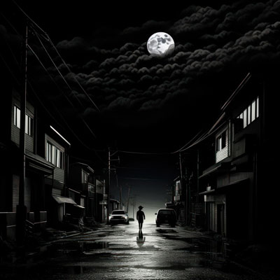 خرید تابلو سیاه و سفید شب مهتابی در کوچه