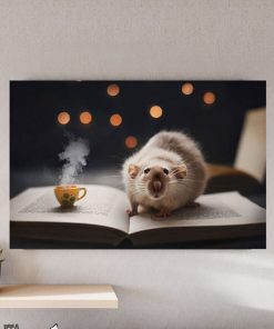 تابلو حیوانات موش کوچولو با کتاب و قهوه