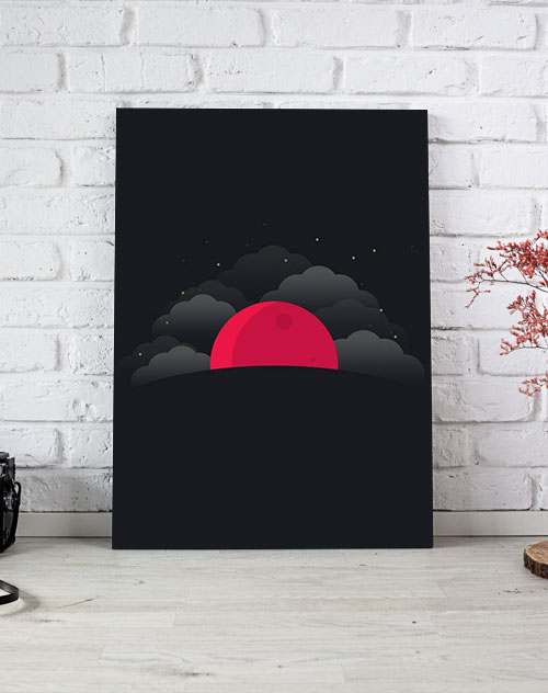 تابلو سیاه و سفید نقاشی ابر و ماه سرخ رنگ