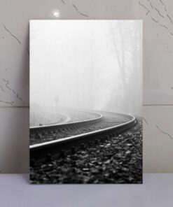 تابلو سیاه و سفید ریل قطار و مه