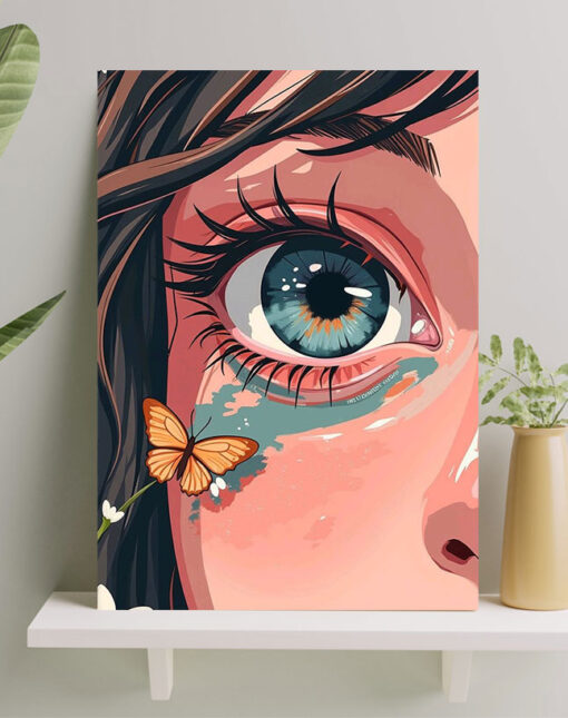 تابلو نقاشی دختر چشم آبی و پروانه خوشگل