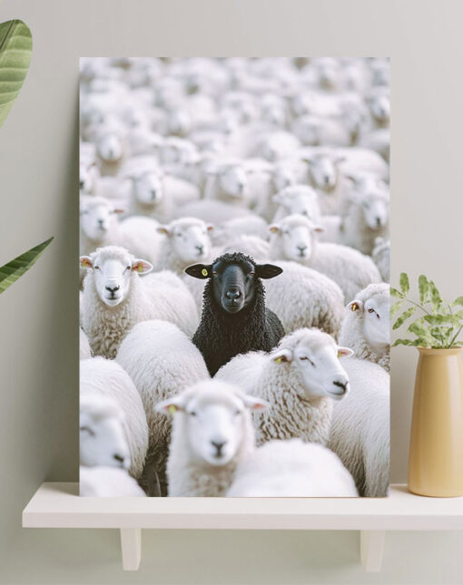 تابلو مینیمال گوسفند سیاه در میان میش ها