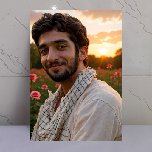 تابلو شهدا عکس شهید محسن حججی در دشت گل و نور خورشید