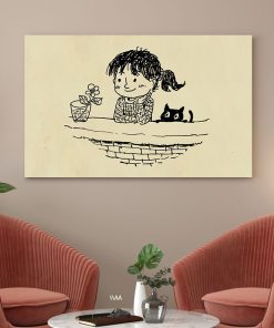 تابلو اتاق کودک طرح دختری با گربه و گلدان