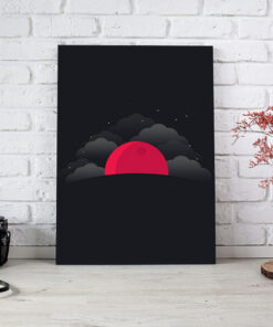 تابلو سیاه و سفید نقاشی ابر و ماه سرخ رنگ