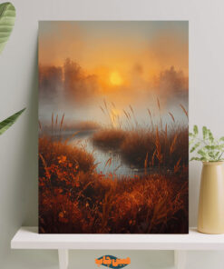 تابلو دریاچه با مه و نیزار های زیبا