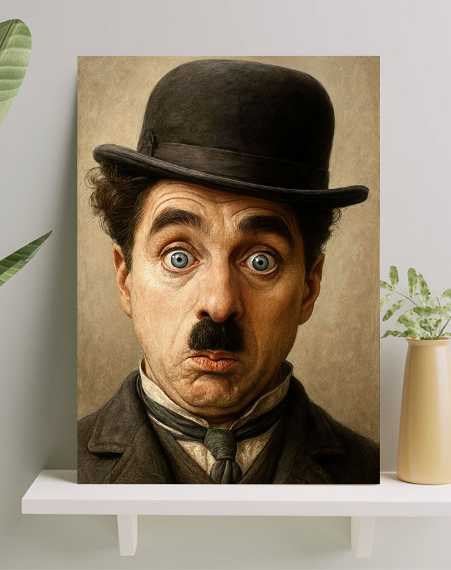 تابلو چارلی چاپلین با کلاه و متعجب تابلو چارلی چاپلین با کلاه و متعجب